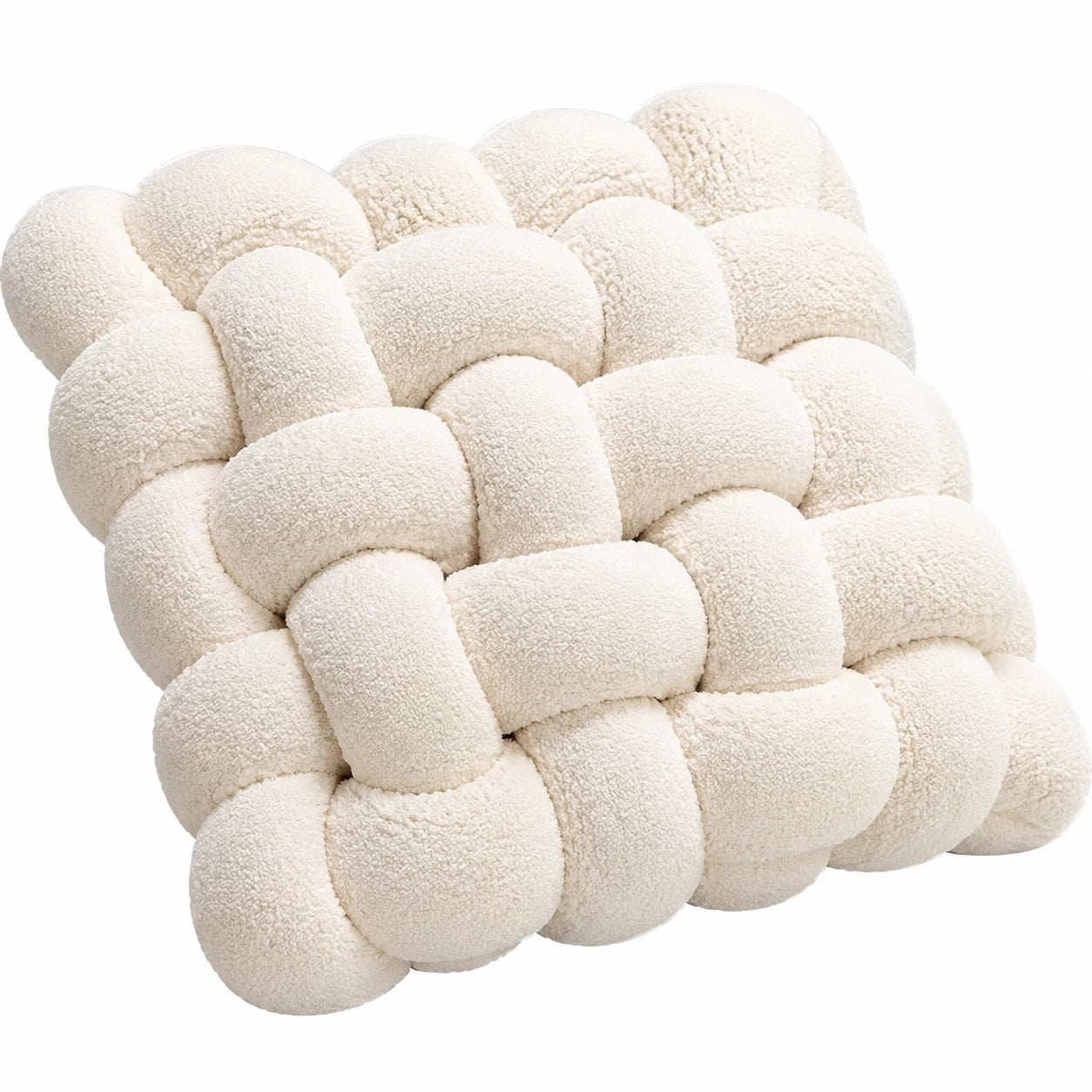 Zierkissen 40 x 40 cm aus Teddyplüsch Creme geflochtenes Sofakissen