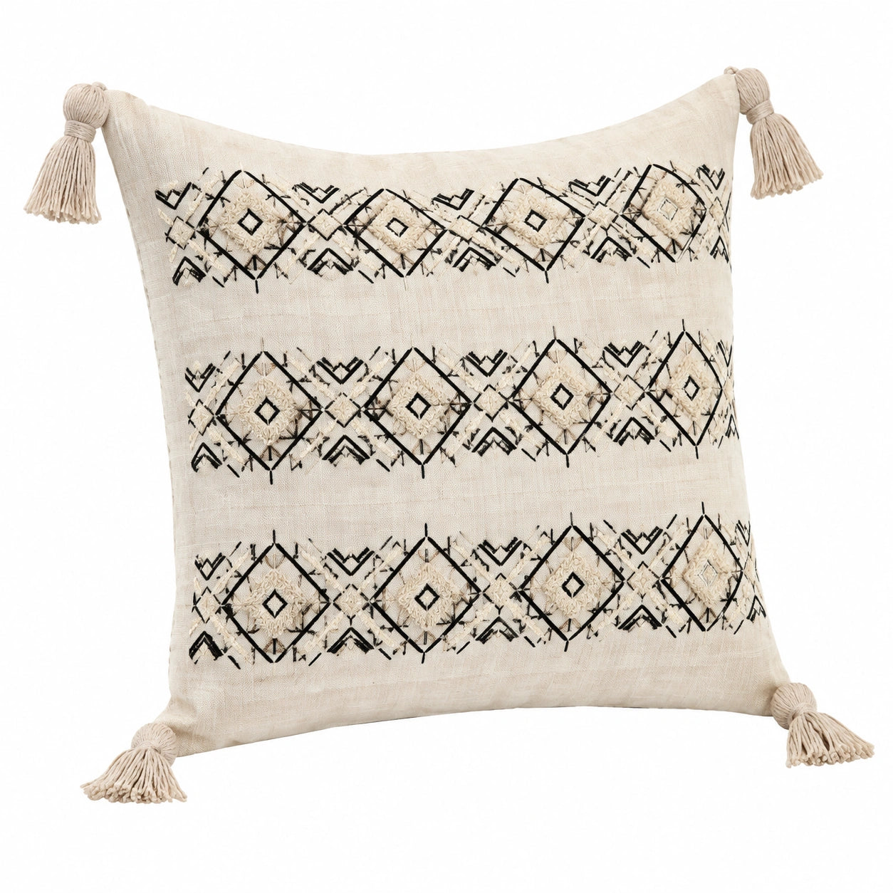 Dekokissen 45 cm Textil Beige Schwarz mit geometrischer Stickerei und Quasten