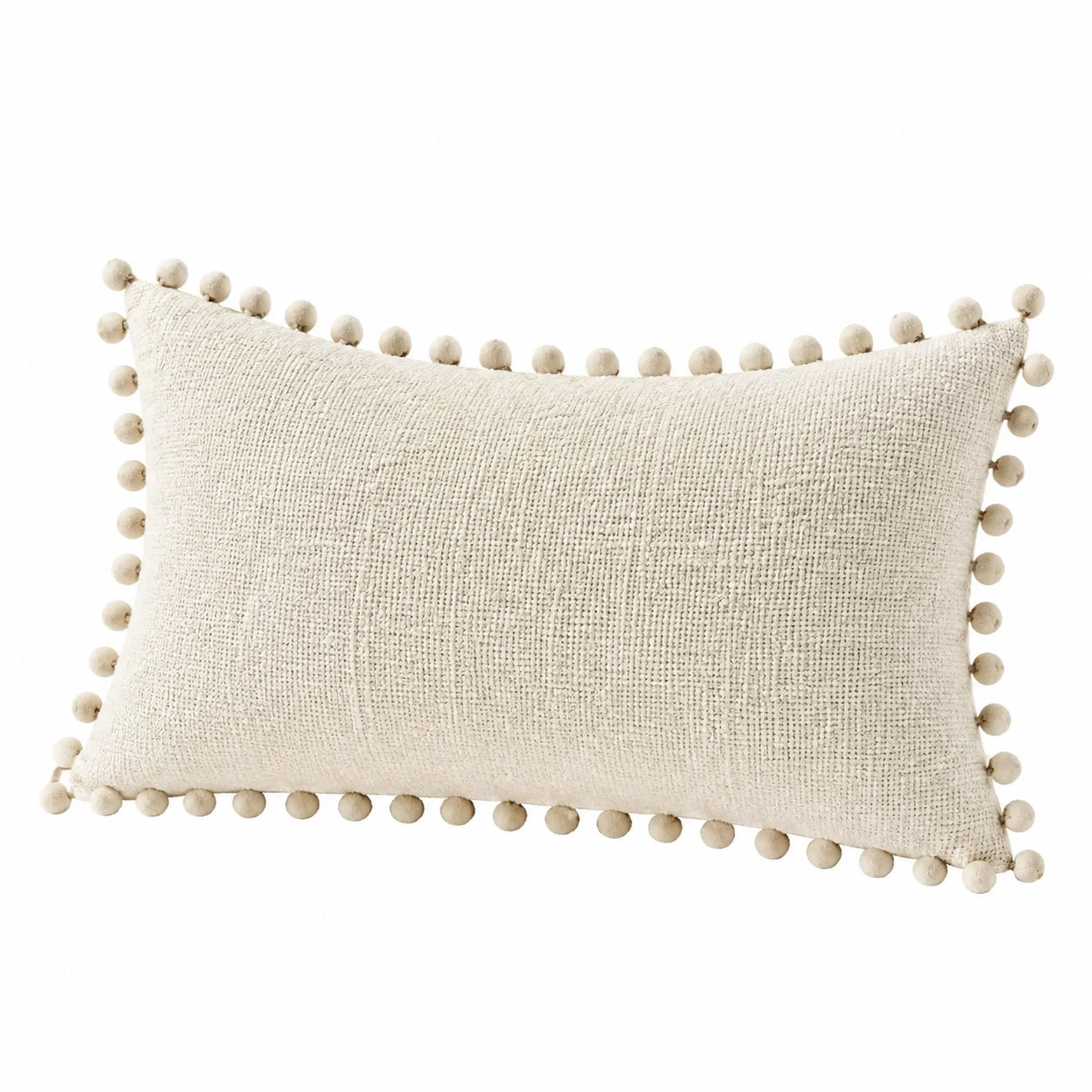 Rechteckiges Dekokissen 50 x 30 cm in Creme aus Textil mit Pomponbesatz