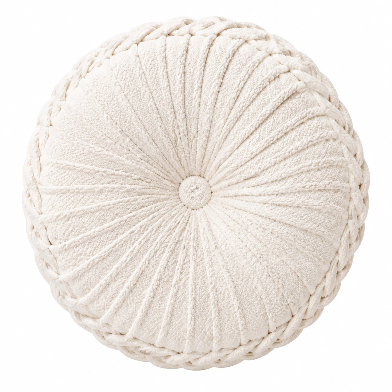 Rundes Zierkissen 45 cm Creme aus Boucléstoff für Wohnräume mit Raffungen