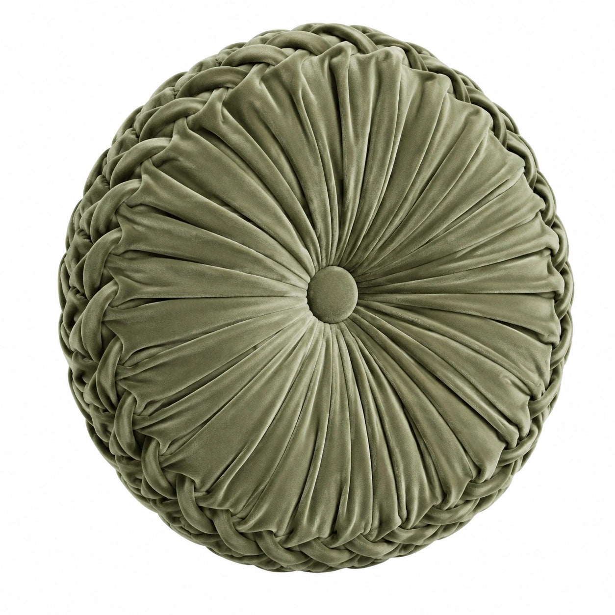 Rundes Dekokissen 45 cm olivgrün samtartige Oberfläche mit gerafftem Design